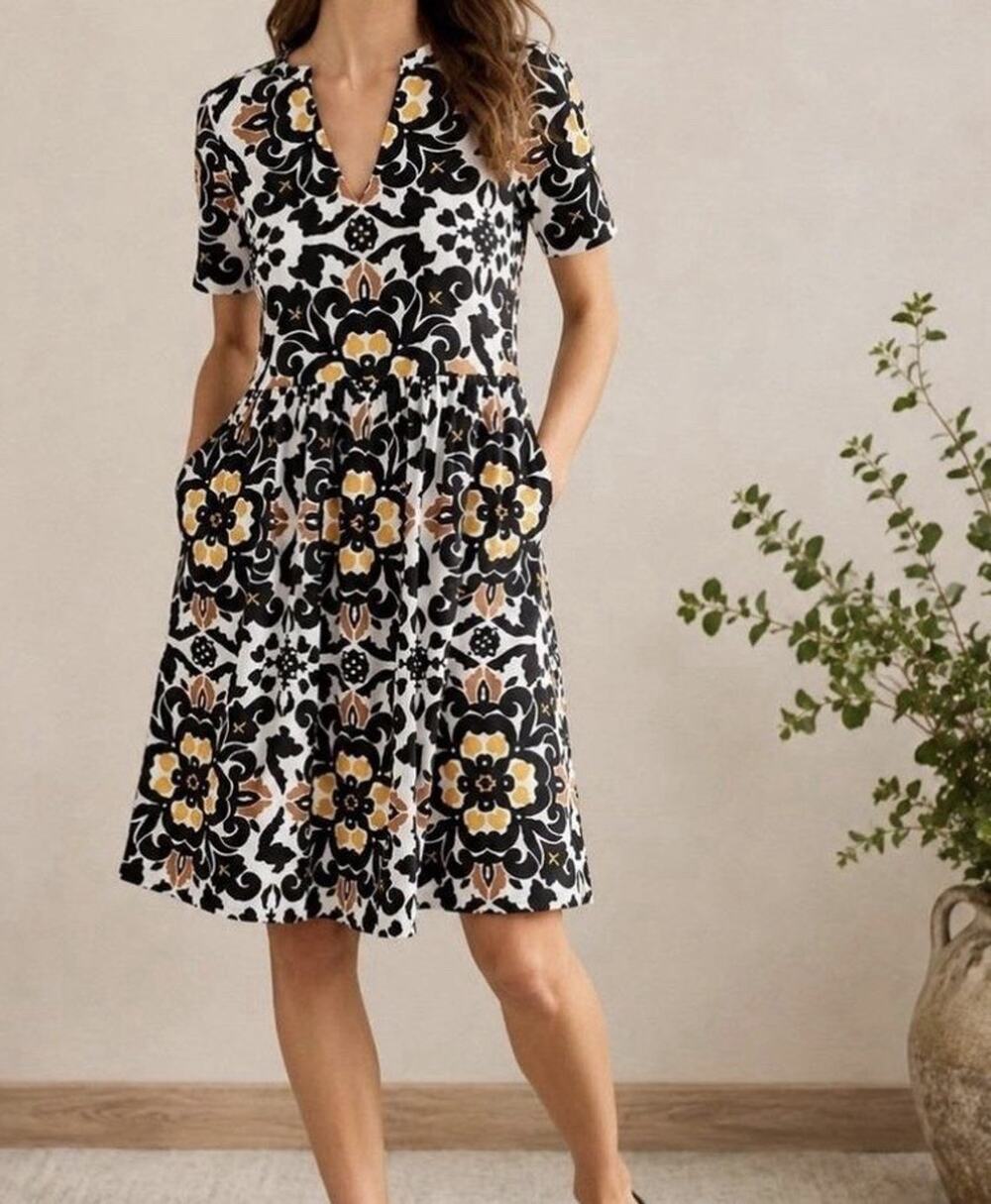 Boden Easy Notch Neck Jersey Dress Black Opulent Pomme Size US 10 Pockets Cotton
